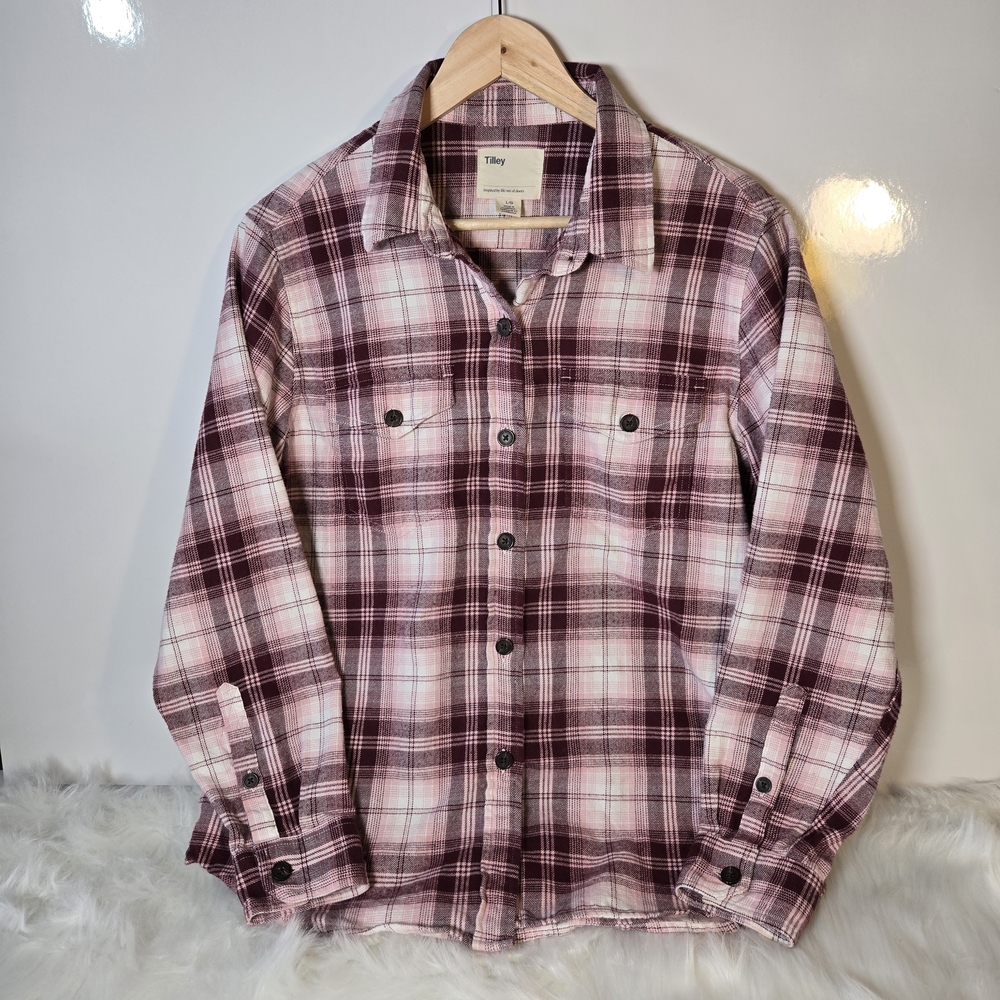 Tilley Large Cotton Flannel Plaid Button Down Shirt EUC Plum White Pink